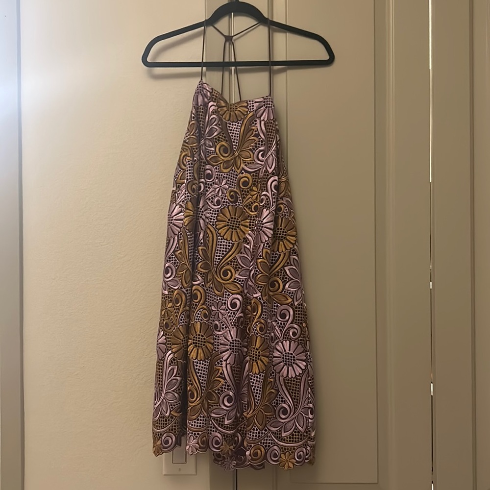 NWOT Anthropologie Purple Allover Embroidered Halter Mini Back Zip Dress 20W
